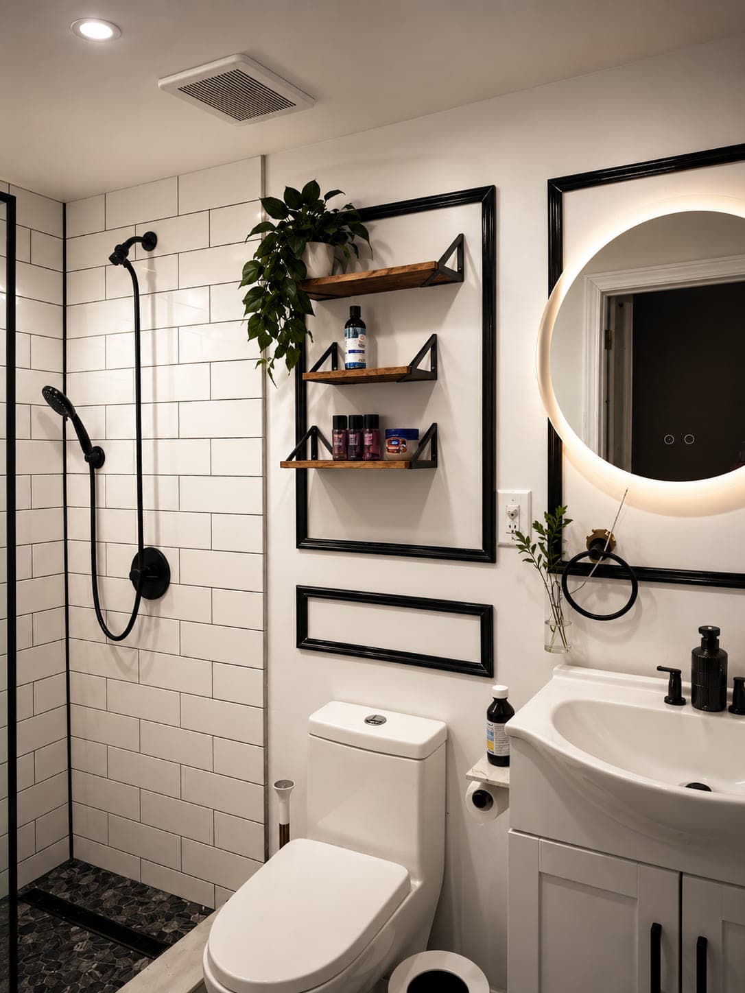 Walk-in shower in white subway tile with black fixtures, floating wood shelves and a backlit round mirror